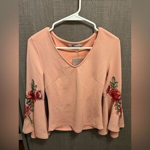 NWT TEMT Pink Bell Sleeve Top w/ Floral Embroidery size S